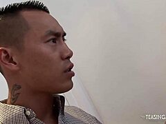 Suggestive Busty Brunette Swallows Cock in Shaved Hole