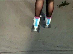 Daring Latina Toys Herself Outdoors In Skates Lingerie