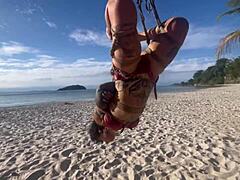 Anomaly Dark in shibari bondage with small tits exposed