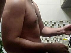 Macho Guy Washing Dishes Naked In Kitchen