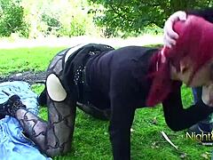 Redhead's public backside thrill