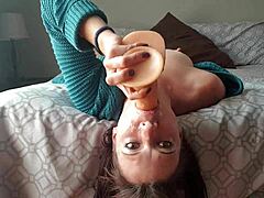 Intense deepthroat play with a daring gag