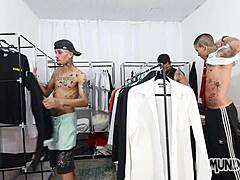 Bareback group fucking in closet