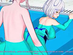 Hot 3D anime poolside encounter