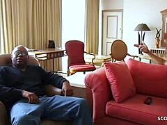 Sultry black teen in threesome action