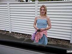 Petite blonde enjoys a messy facial in the Bang Bus