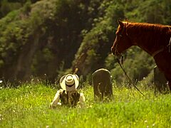 brooke ballentyne fucks the hired ranch hand by the fireside outdoors