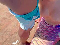 Asian cowgirl rides big black cock on the beach