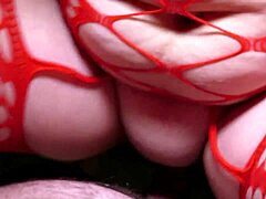 A woman in red has real orgasms and cum dribble while being fucked