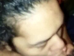Sloppy latina deepthroats cock with force
