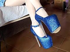 Latina milf struts in ankle boots and striking blue high heels