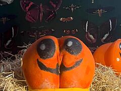 teen gets double creampie in pumpkin patch while bent over doggystyle
