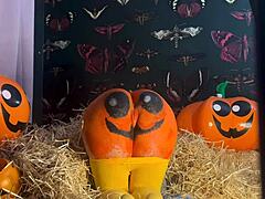 teen gets double creampie in pumpkin patch while bent over doggystyle