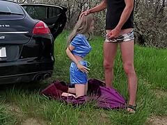 Horny driver bangs a sexy doll on the road, unloading fast into her eager mouth during a wild car ride.