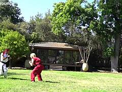 Jade Kush as Chun Li takes two huge cocks.