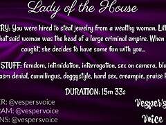 Dominant female interrogates and uses handcuffed man for pleasure.