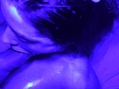 Latina Babe Sucks Huge Cock for Messy Creampie in Blue Light Room