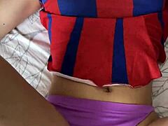 hot cheerleader with big ass takes two cocks in anal and blowjob threesome action