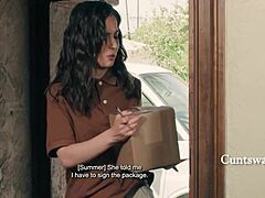 Tiny lesbian straps on and bangs a dainty delivery girl hard!