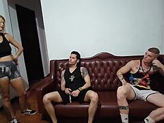Two buddies bareback fuck the blonde nymph with monster cock double penetration before gym 😈
