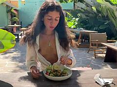Damn! Girl Eats Lunch with Cum on Face in Public Cafe!