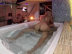 fucking a curvy colombian babe in the jacuzzi, unloading deep in her tight pussy underwater.