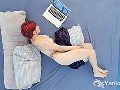 Yanks minx Hedera Helix teases with solo play. Watch this redhead rub her hairy pussy to orgasm!