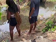 Outdoor stroll leads to intense babe fucking right in the scenic river yard.