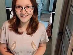 young 18+ student bends over for rough doggystyle sex with courier, getting cum on her face while parents are away