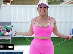 hey, you see this horny workout with bubbly ass milf? it turns into outdoor quickie fuck with pov blowjob and big tits oral session