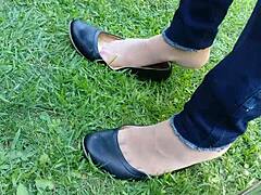 shoeplay and dipping with tan nylons and flats feels so sensual