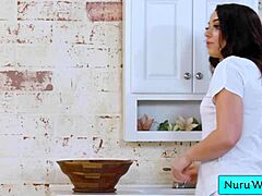 sexy hot brunette masseuse gives wet nuru massage and more - michael vegas sophia burns