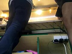 Tracy's checking camera settings for upskirt at work 😜