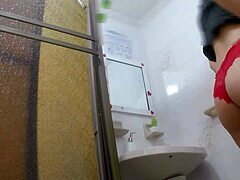 Wow, athletic latina peeing in public bathroom! Big ass alert!