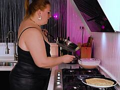 Bold Milf Cooks Pancakes in Kitchen