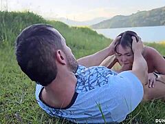 Thick blonde with big tits and curvy ass met a muscular guy outdoors. They got wild with blonde blowjob and hardcore fucking in the wild.