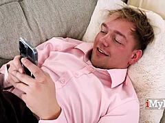 Rich idiot alone at home dials up a stunning petite blonde milf for young fuck session