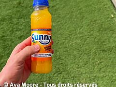 Brunette fucks pussy with bottle and sucks huge cock to drink all the cum in outdoor scene