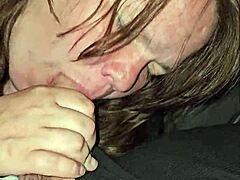 Wife spits on hard cock before moaning loudly and deepthroating it all the way down.