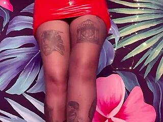 Curvy milf dominates in latex and pantyhose tease