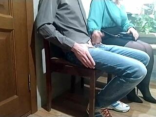 Hot milf in pantyhose gives hand job