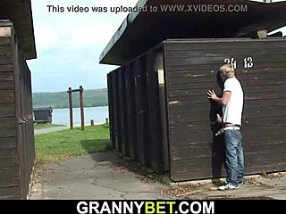 Guy drills 70-year-old blonde hard in cramped changing room space.