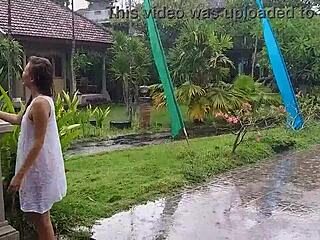 wet dress flashing in hotel yard