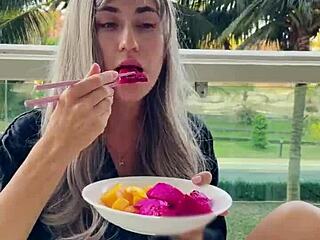 Blonde Teen Model Teases with Chopsticks and Exotic Fruits