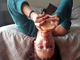 Intense deepthroat play with a daring gag