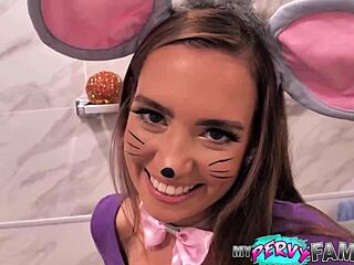 Cosplay teen gets rough deepthroat at Halloween