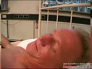 German slut with saggy tits blows three