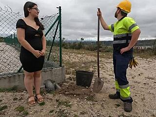 Construction Worker Drills Curious Girl Hard in Forest with Raw Outdoor Finish
