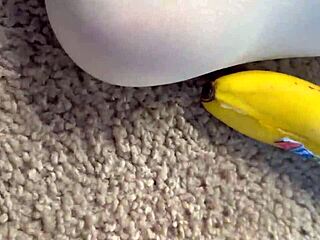 banana tease in white nylon stockings