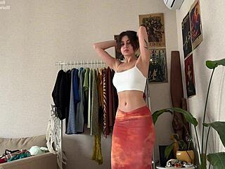 Teasing try-on with dresses and skirts